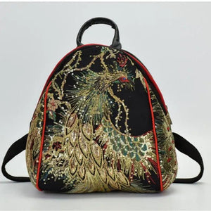 Retro National Peacock Embroidery Canvas Backpack Girls Mini Bag