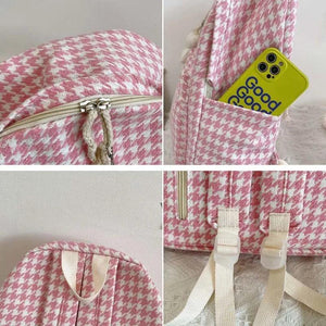 Houndstooth Canvas Backpack Large Capacity Harajuku Bag Preppy Style