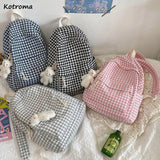 Houndstooth Canvas Backpack Large Capacity Harajuku Bag Preppy Style