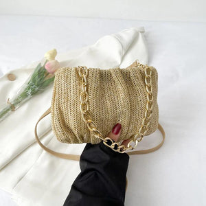 Summer Shopper Bag Straw Bag Pleated Handbag Women Woven Shoulder Bag Purse