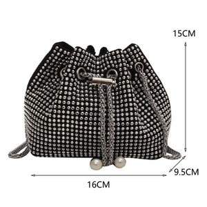Rhinestone Bucket Chain Shoulder Bag, Crossbody Drawstring Handbag