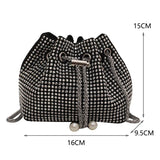 Rhinestone Bucket Chain Shoulder Bag, Crossbody Drawstring Handbag