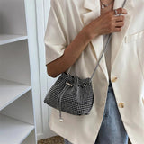 Rhinestone Bucket Chain Shoulder Bag, Crossbody Drawstring Handbag