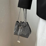 Rhinestone Bucket Chain Shoulder Bag, Crossbody Drawstring Handbag