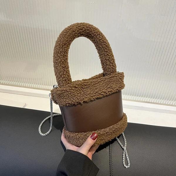 Lamb Hair Chain Crossbody Bucket Bag Female