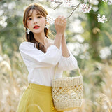 Barrel-shaped Woven Handbags Pattern Beach Bag Silk Scarf Straw Bag