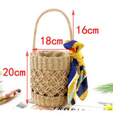 Barrel-shaped Woven Handbags Pattern Beach Bag Silk Scarf Straw Bag