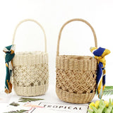 Barrel-shaped Woven Handbags Pattern Beach Bag Silk Scarf Straw Bag
