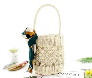 Barrel-shaped Woven Handbags Pattern Beach Bag Silk Scarf Straw Bag