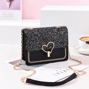 Sequin Pu Leather Female Bag Love Shape Lock Chain Shoulder Bag