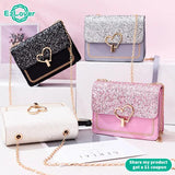 Sequin Pu Leather Female Bag Love Shape Lock Chain Shoulder Bag
