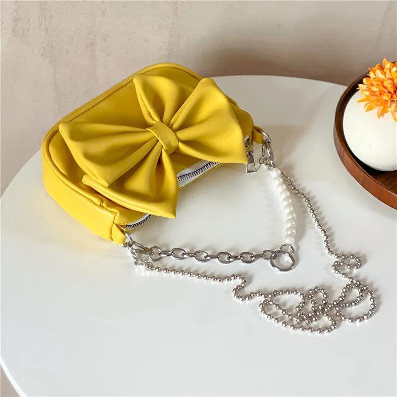Women's Bow PU Leather Handbag Small Beaded Crossbody Bag Tote Bag