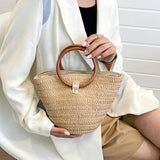 Summer Wooden Handle Straw Beach Bag Woven Handbag Travel Top-Handle Bag Rattan