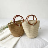 Summer Wooden Handle Straw Beach Bag Woven Handbag Travel Top-Handle Bag Rattan