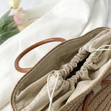 Summer Wooden Handle Straw Beach Bag Woven Handbag Travel Top-Handle Bag Rattan