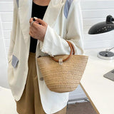 Summer Wooden Handle Straw Beach Bag Woven Handbag Travel Top-Handle Bag Rattan