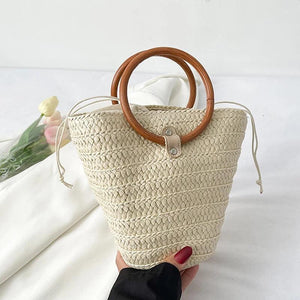 Summer Wooden Handle Straw Beach Bag Woven Handbag Travel Top-Handle Bag Rattan