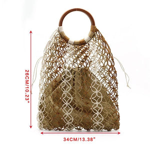 Straw Handbag with Wooden Handle Hollow Out Contrast Striped Net Tote Bag