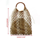 Straw Handbag with Wooden Handle Hollow Out Contrast Striped Net Tote Bag