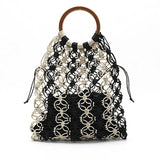 Straw Handbag with Wooden Handle Hollow Out Contrast Striped Net Tote Bag