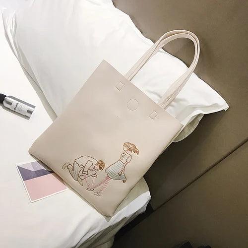 Embroidery Women PU Leather Handbag Large Capacity Tote Bag