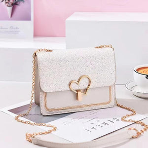 Sequin Pu Leather Female Bag Metal Love Shape Lock Girls Chain Messenger