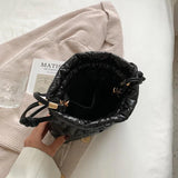 Quilted Pu Leather Bucket Shoulder Bag Winter Women Small Handbag