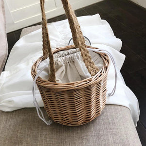 Summer Small Bag Female Plaited Detail Tote Bag With Drawstring