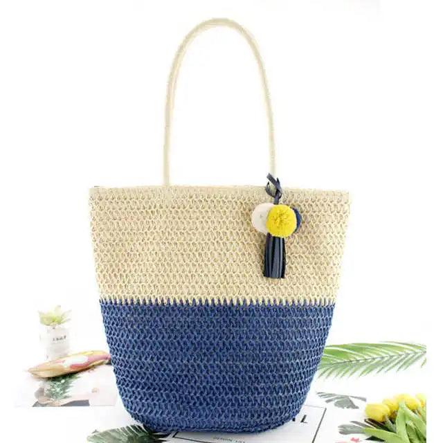 Large-capacity Straw Beach Bag with Hanging Ball, Shoulder Handbag