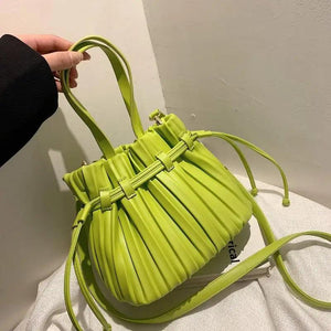 Women's Pleats Bucket Bag High PU Leather Small Crossbody Bag