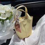 Real Leather Lychee Handbag Cowhide Texture Matching Basket Women Bucket Bag