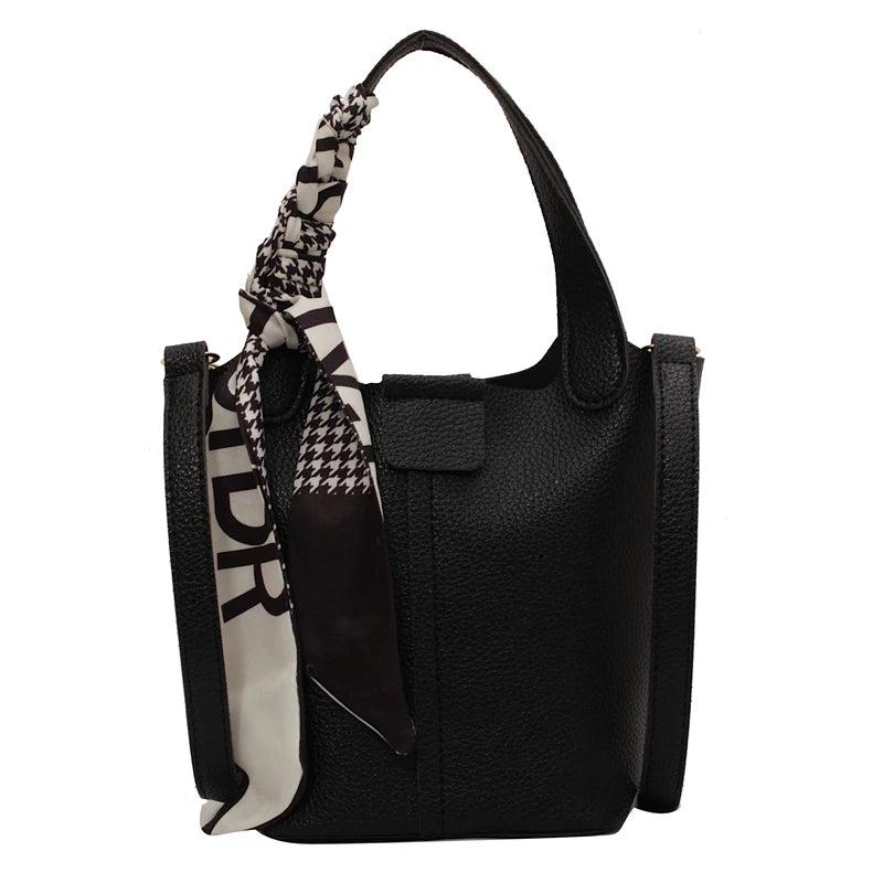 Real Leather Lychee Handbag Cowhide Texture Matching Basket Women Bucket Bag