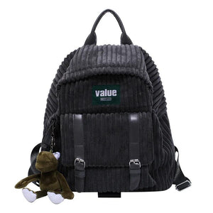 Women Corduroy Backpack Striped Soft Cloth Bags Leather Strap School Bookbag