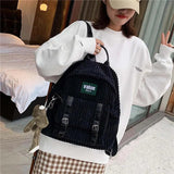 Women Corduroy Backpack Striped Soft Cloth Bags Leather Strap School Bookbag