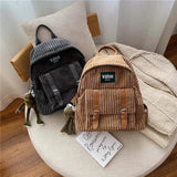 Women Corduroy Backpack Striped Soft Cloth Bags Leather Strap School Bookbag