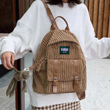 Women Corduroy Backpack Striped Soft Cloth Bags Leather Strap School Bookbag
