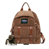 Women Corduroy Backpack Striped Soft Cloth Bags Leather Strap School Bookbag