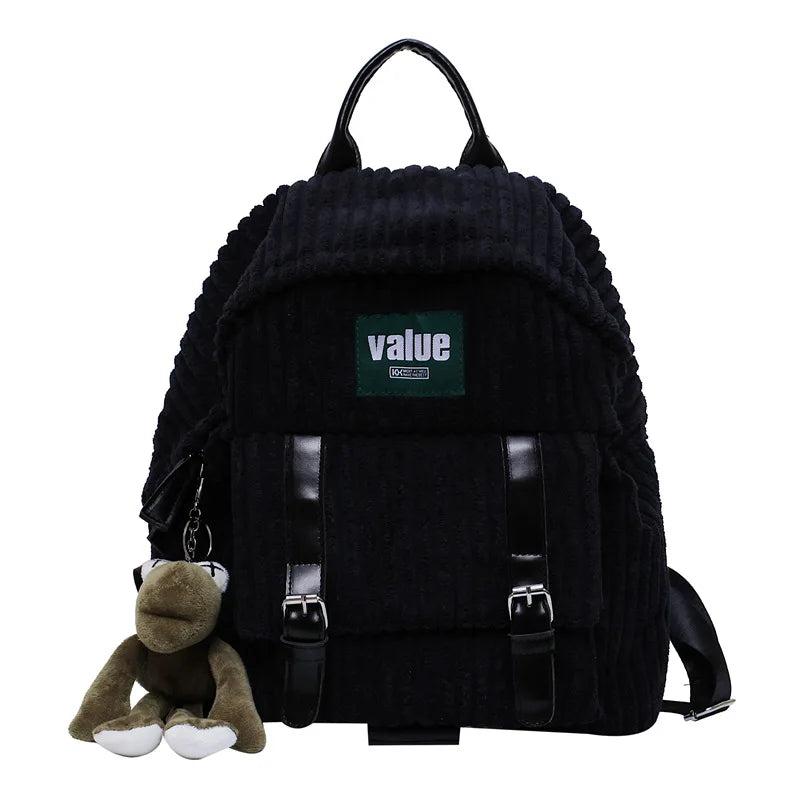 Women Corduroy Backpack Striped Soft Cloth Bags Leather Strap School Bookbag