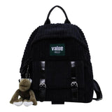 Women Corduroy Backpack Striped Soft Cloth Bags Leather Strap School Bookbag