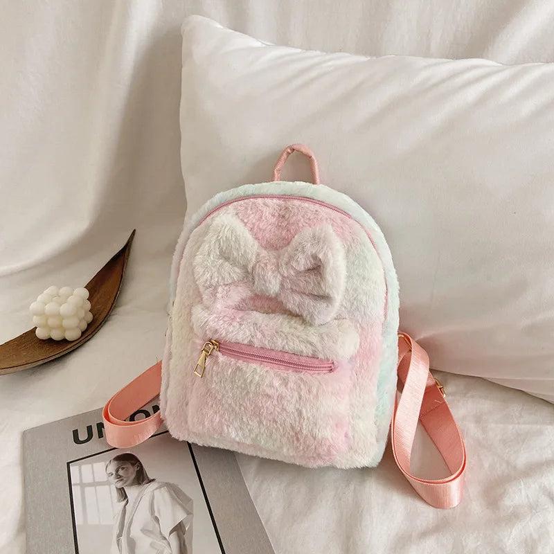 Soft Fluffy Bow Plush Women Backpack Furry Shoulders Bag Winter Mini Backpack