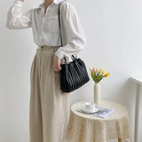 Women Plain PU Leather Handbag Pleated Ruched Bucket Hat