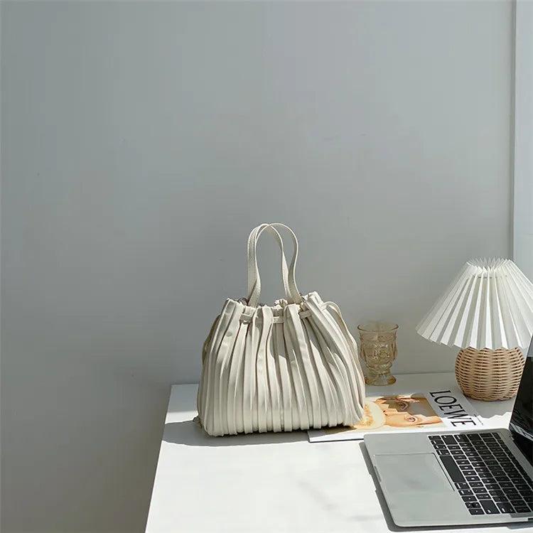 Women Plain PU Leather Handbag Pleated Ruched Bucket Hat