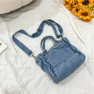 Retro Travel Denim Cross Body Shoulder Bag Zipper Closure Bag