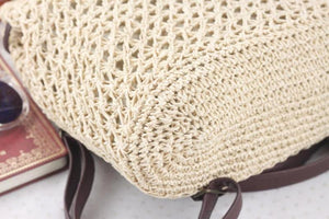 Woven Straw Backpack with Pu Leather Cover for Ladies Travel Holiday