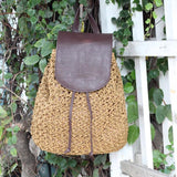 Woven Straw Backpack with Pu Leather Cover for Ladies Travel Holiday