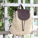 Woven Straw Backpack with Pu Leather Cover for Ladies Travel Holiday