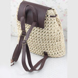 Woven Straw Backpack with Pu Leather Cover for Ladies Travel Holiday