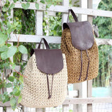 Woven Straw Backpack with Pu Leather Cover for Ladies Travel Holiday