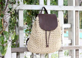 Woven Straw Backpack with Pu Leather Cover for Ladies Travel Holiday