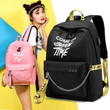 Luminous USB Charge Women Backpack Waterproof Polyester Letters Print School Bag